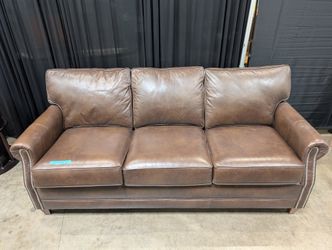 Brown Leather Three-Seat Couch with Nailhead Trim