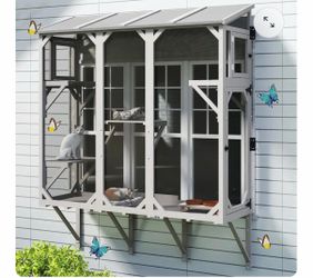 68‘’L Wooden Cat Catio, Expandable Window Box Enclosure for Multiple Indoor Cats PET08