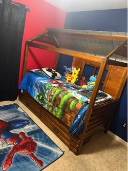 Kids Twin Log Cabin Low Loft with Dual Under Bed Drawers