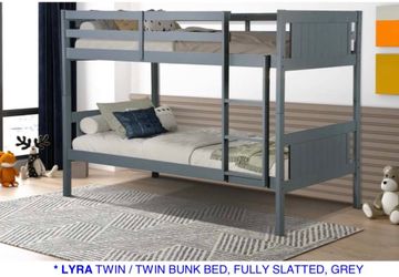 Twin bunk bed. Available in espresso, white, & grey. Bunk bed only-$299. With mattresses-$450. Assembly required. Assembly not included. Tax included.