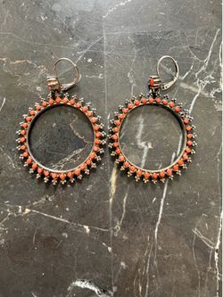 Silver Tone Sunburst Gear Hoop Earrings with Orange Coral Beads - Boho Statement