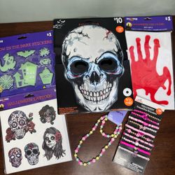NEW Halloween Accessories & Decor Bundle Light-Up Skull Mask, Temporary Tattoos, & Jewelry
