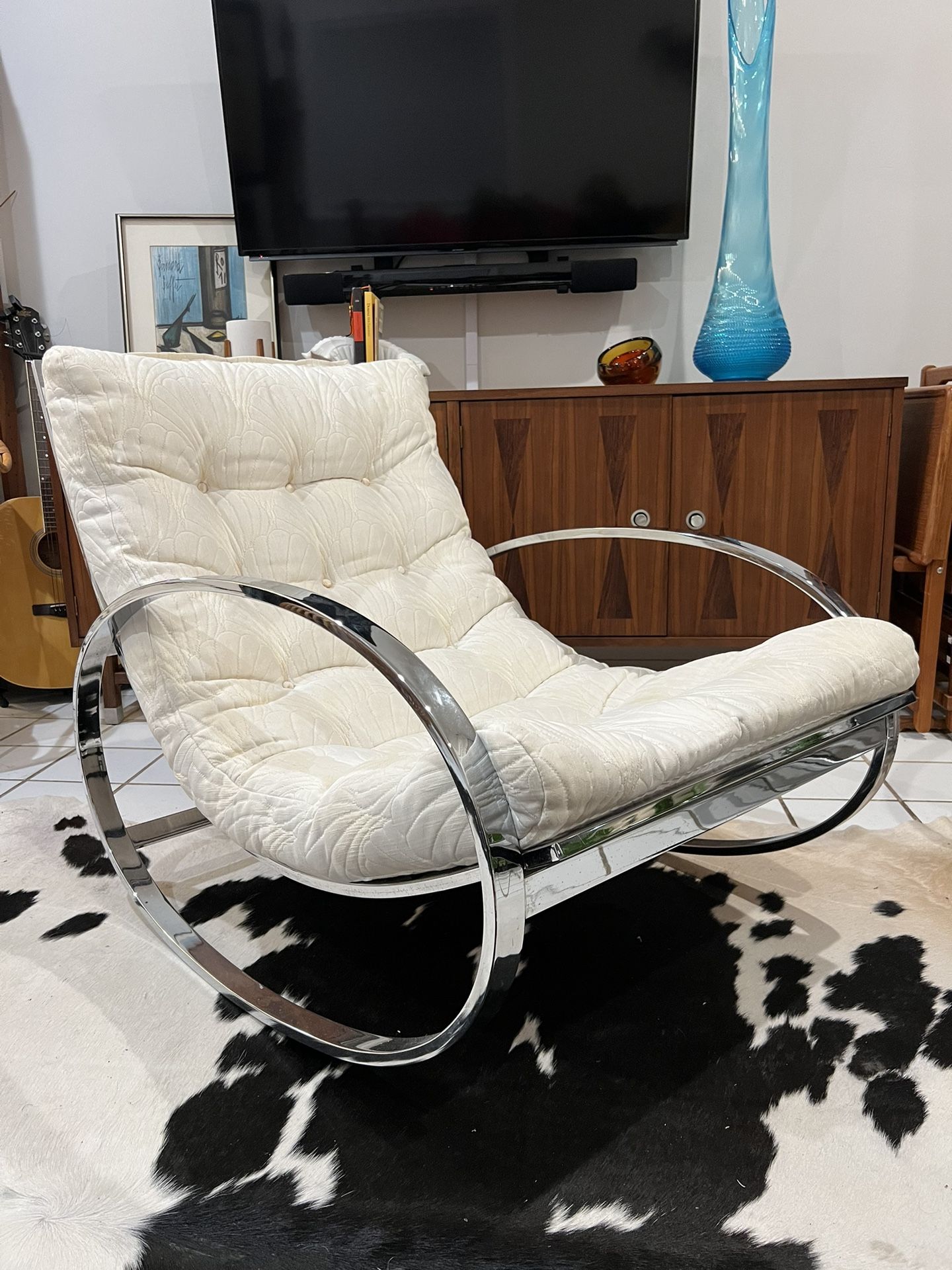 1970s Milo Baughman MCM  Chrome Hoop Rocking Chair White shell fabric by Renato Zevi