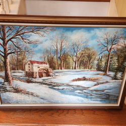 Large Vintage framed oil painting on canvas depicting a winter scene with a water mill by M. Kimble