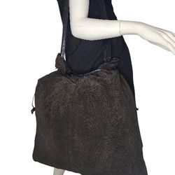 BOTTEGA VENETA TEXTURED SUEDE DRAWSTRING PURSE BAG TOTE SHOULDER BROWN 20X21X1
