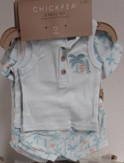 CHICKPEA 3 Pc Short/Shirt/Hat Baby Boy Outfit Set 0-3, 3-6 & 6-9 Mos