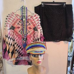 MARDI GRA   SHIRT& BL SKIRT SIZE LG. HAT IS X-tra