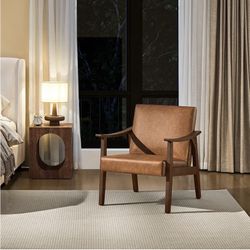 PU Leather Accent Chair, Mid-Century Modern Armchair with Solid Wood Legs, Reading Leisure Chair with High Back for Living Room Bedroom Waiting Room, 