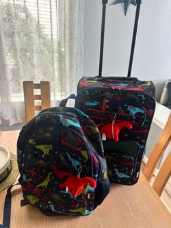 Kids matching dinosaur rolling suitcase and backpack!