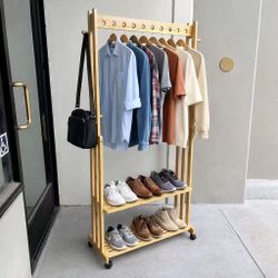 New In Box 35x13.5x66 Inch Tall Garment Hanging Natural Color Real Bamboo Shoe Coat Jacket Rack 