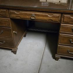 Vintage Flexsteel Dmi Walnut and Burlwood Desk With Glass Top