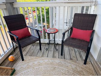 2 Outdoor Patio Chairs with Red Accent Pillows