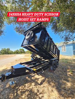 BRAND NEW DUMP TRAILER HEAVY 2027 DUTY 14X8X4 12' available SCISSOR HOIST 8 TONS, SET RAMPS, LED LIGHTS, TOOL BOX,ROLLING TARP,SPARE TIRE,JACK 7000 LB