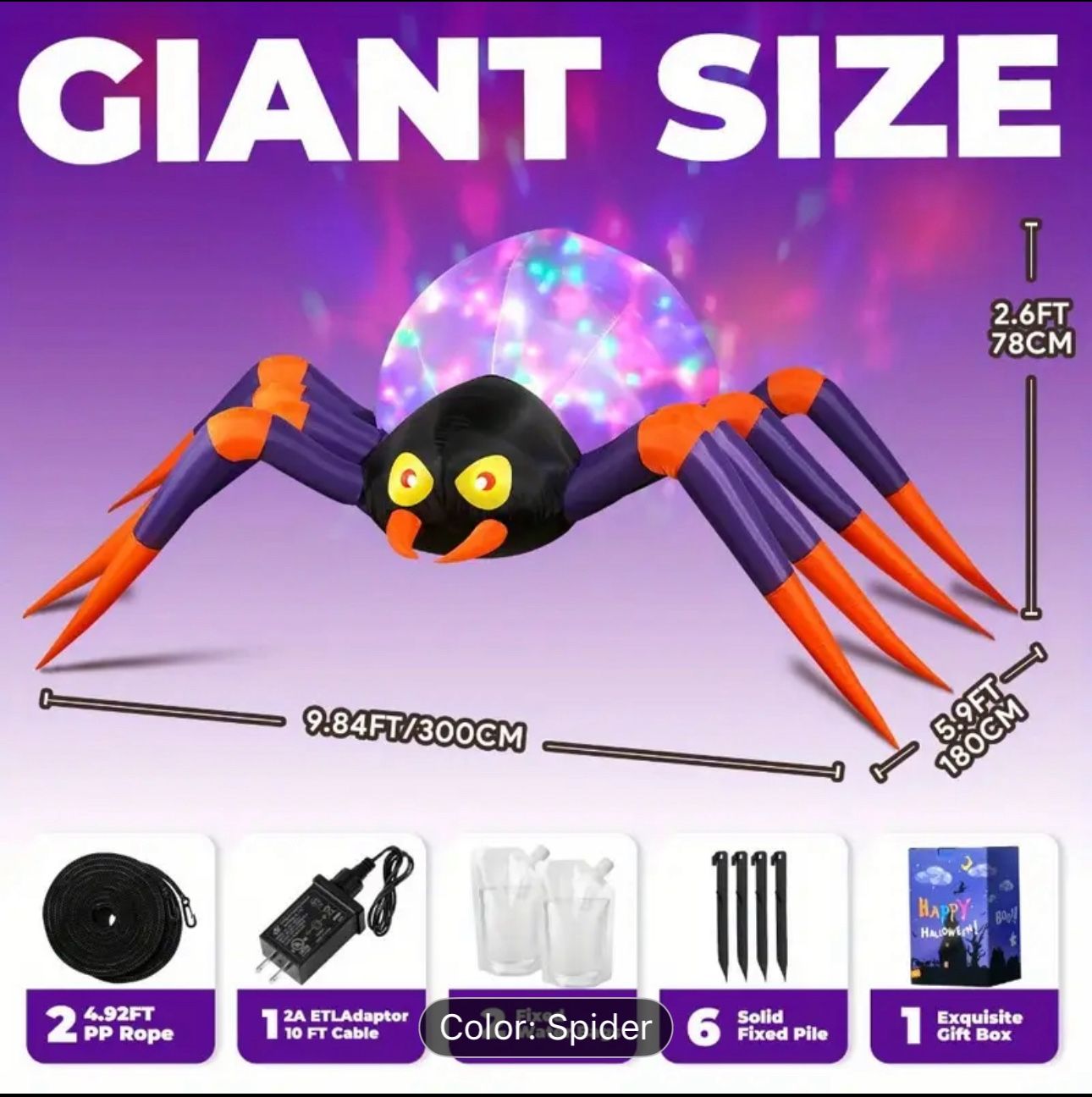 9, 84ft Halloween Inflatable Spider with LED Lights - No Electricity Needed, Durable Outdoor Yard Decor for Garden, Lawn, and Party Decoration, Hallow