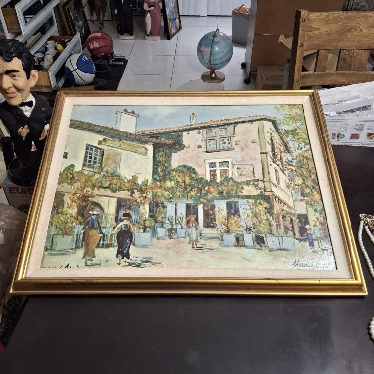 Vintage Original Painting A Reproduction Of Maurice Utrillo's Parisian Street Scene On Canvas 28 X 22 Overall Measurement