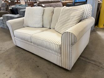 BAUHAUS Vintage Coastal Style Neutral Stripe Upholstered Loveseat with Roll Arms