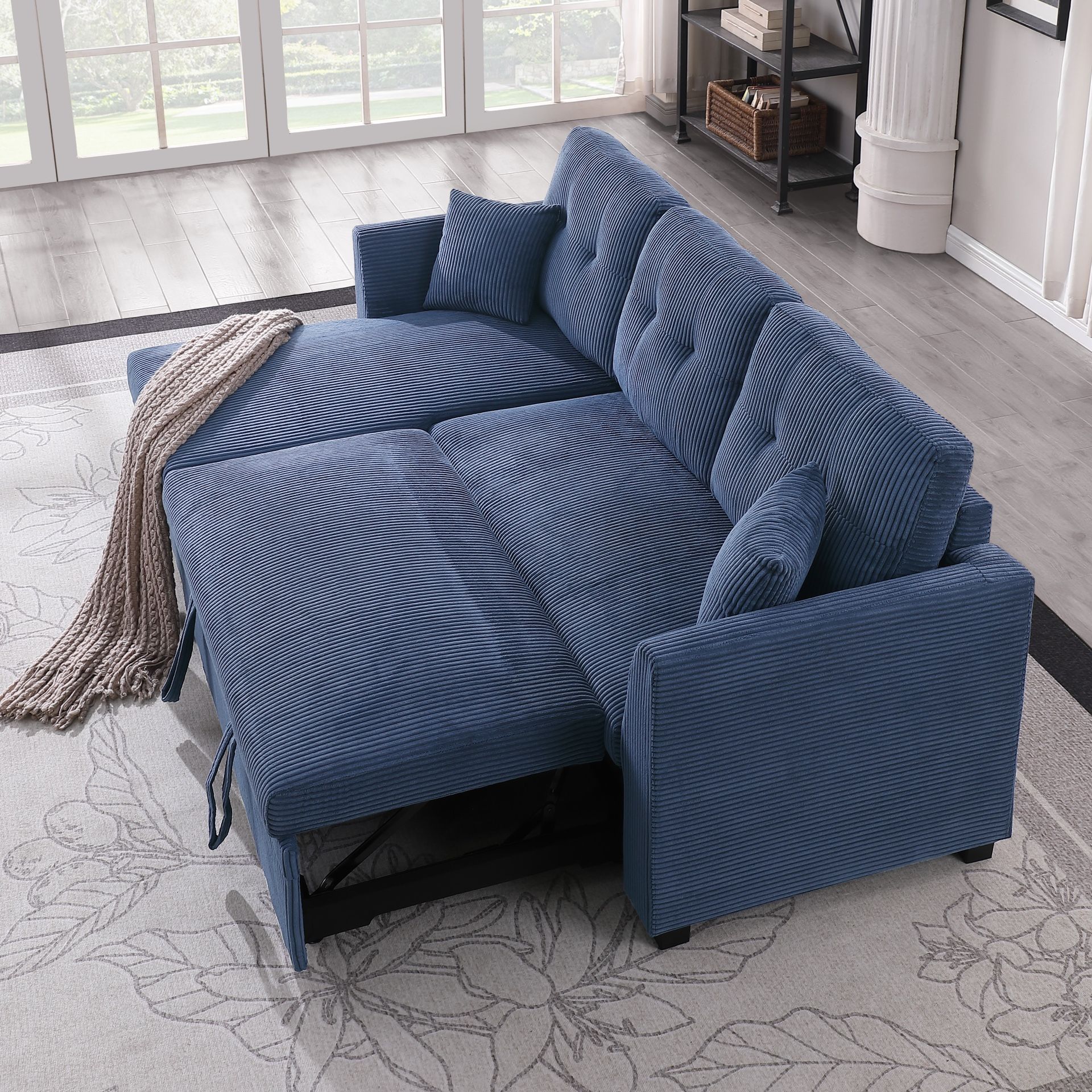 Corduroy Sleeper Pull-Out Sofa Bed Sectional Couch with Reversible Storage Chaise