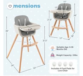 Babyjoy 3 in 1 Convertible Wooden High Chair Toddler Feeding Chair with Cushion Beige