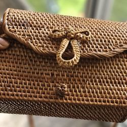 Handmade 
Woven Rattan Purse with Loop Clasp – Vintage Boho Bag
