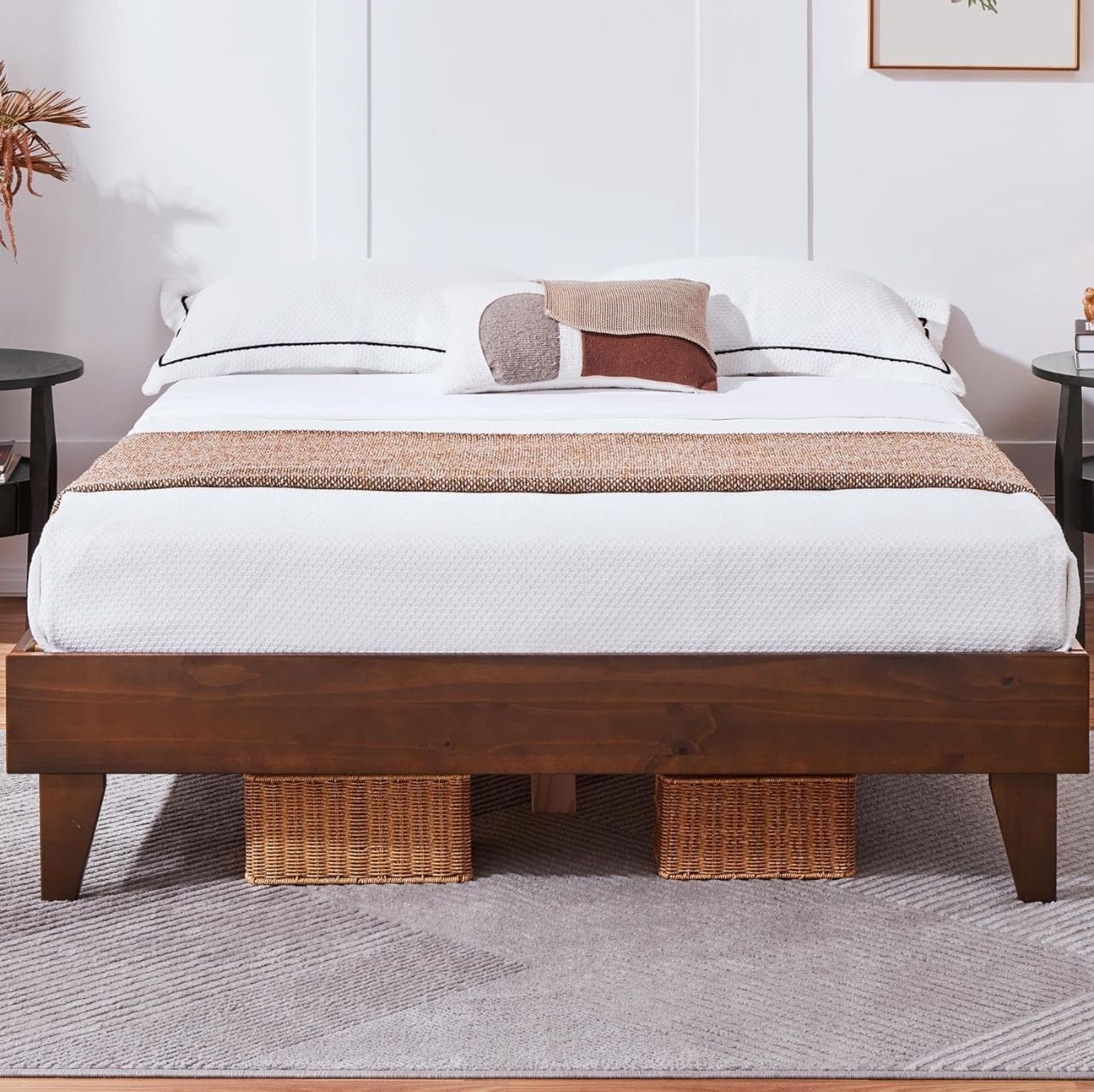Solid Pine Wood Platform Bed Frame Reserved Holes for Headboard, Wooden Slats Support, 7.5