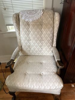 Wingback chair, cream damask #1