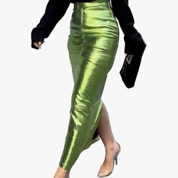 LEOROO Long Skirts for Women Trendy High Waisted A Line Business Casual Leather Maxi Skirt with Slit Size XL