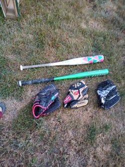 Youth baseball bats and gloves