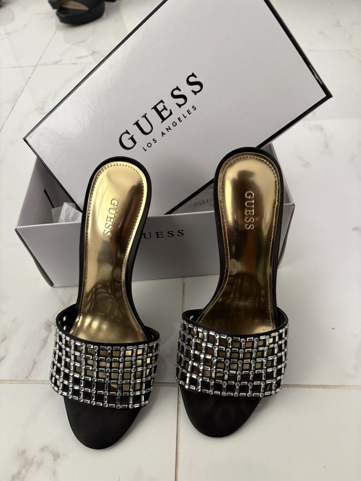 Guess Black and Gold Crystal Embellished Heels
