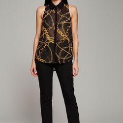 Decree Women’s Polyester Dressy Sleeveless Blouse Halter Size M Black Gold Chain Print Sheer Sheer Hi-Lo Top Button Front  