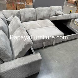 New 120” Large Corduroy Sectional, Corduroy Couch, Sectional With Pull-out Bed, Sofa And Storage Chaise With USB Charging Ports, Light Grey Couch