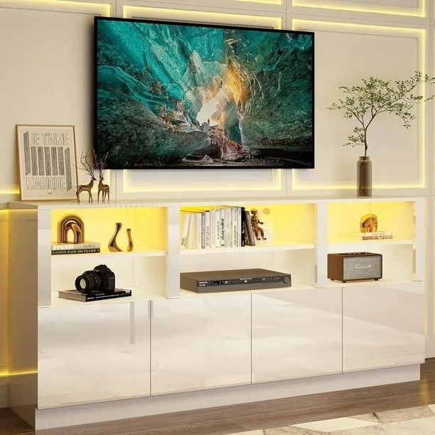 70 Inch TV Stand with LED Light for 75/80/85 Inch TV, Modern Entertainment Center Gaming Media Console with Storage Shelves & Doors for Living Room