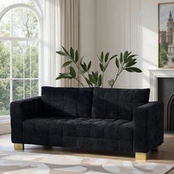 Black Chenille Tufted Sofa with Gold Legs