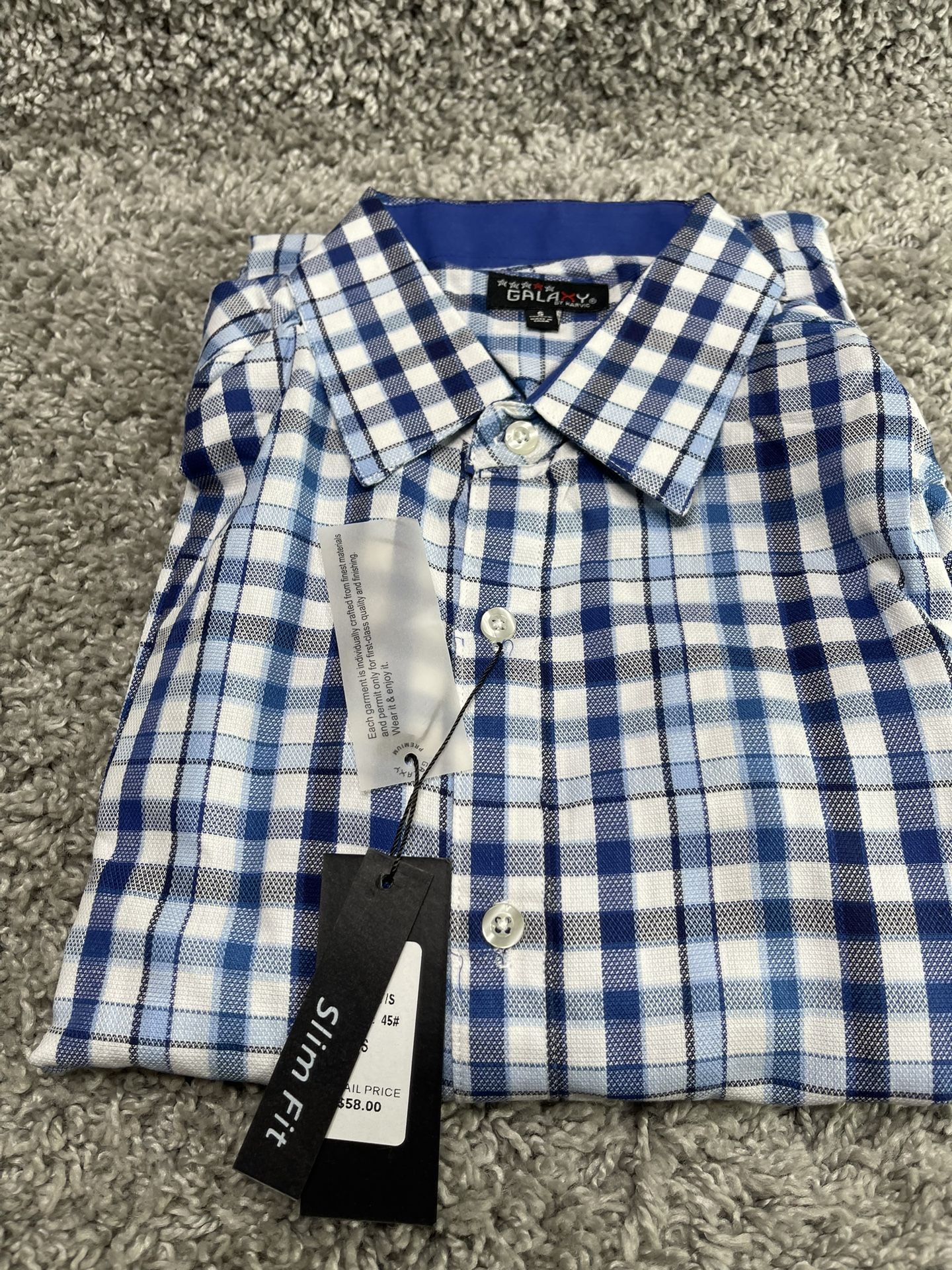 Galaxy by Harvic Button Dress Shirt Size Small Blue Plaid Long Sleeve NWT
