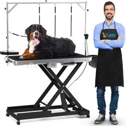 Professional Electric Dog Grooming Table - Heavy Duty, Height Adjustable Pet Grooming Table w/Leveling Wheels, Dog Grooming Arm, Anti Slip Tabletop & 