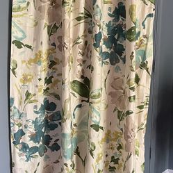 Custom made 100% Linen weighted Lined Beige Floral 2 Curtains panels. Made In USA