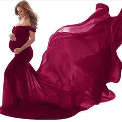 $30 Burgundy One Size Maternity Dress for Photography Mermaid Off Shoulder Slim Fitted Chiffon Gown Flowy Baby Shower Maxi Photo Props Dress