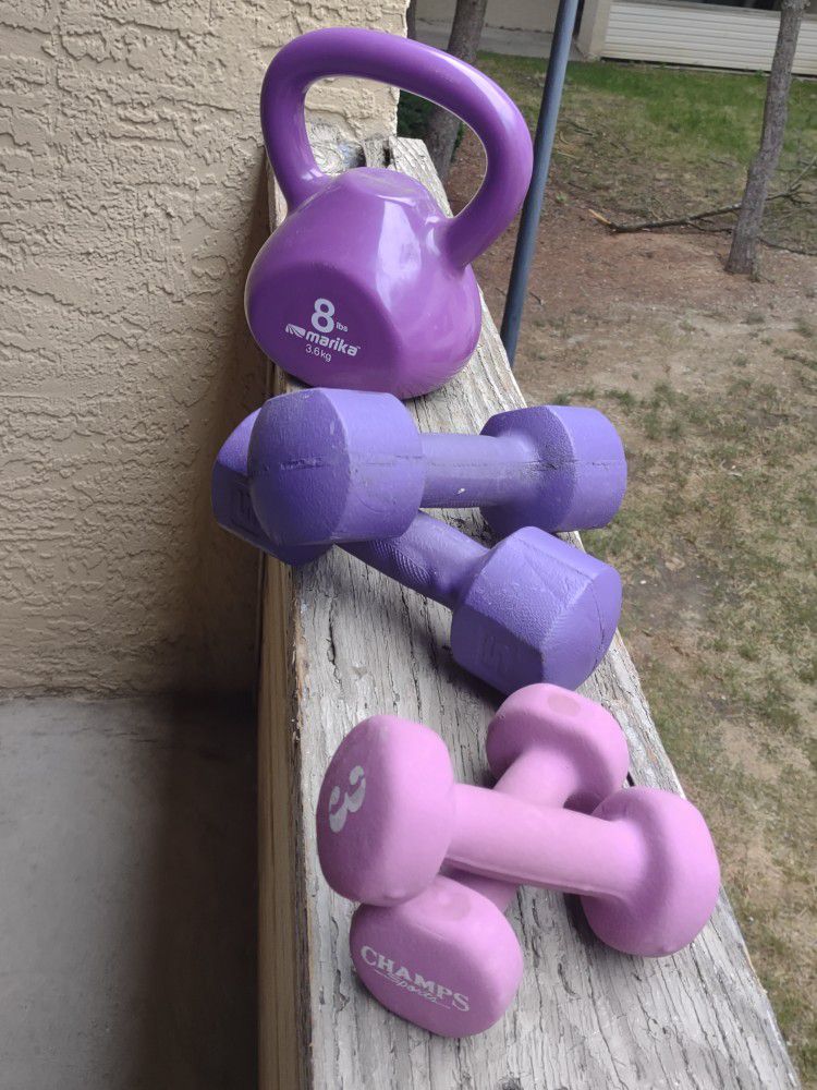 Five Piece Purple Kettlebell And Dumbbell Fitness Weight Set