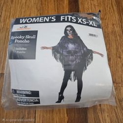 NWT Way To Celebrate Women's Spooky Skull Halloween Fringe Poncho Fits XS-XL *Great Bridge*
