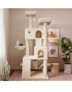 65in Larger Cat Tree Tower Condo for Indoor Cats, Multi-Level Furniture Activity Center with Wide Base/Cozy Plush Cat Perches/Baskets/Sisal Scratching