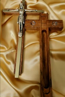 Vintage Roman Catholic Sick Call Crucifix Set (also known as a Last Rites Kit).
