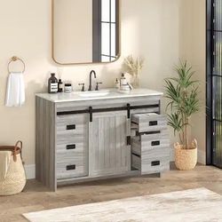 1954a  U-HOMY - Farmhouse Bathroom Vanity with Ceramic Countertop, Sliding Barn Door and Storage Drawers for Organized Spaces - 48"- Grey