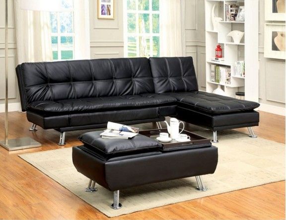 Brand New Black Leather Futon Sofa Sleeper w Chaise Lounge + Ottoman 