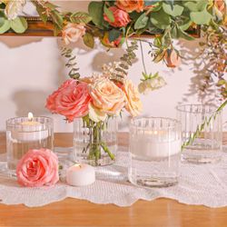 12pcs Glass Cylinder Vases 4 Inch Tall, Small Vase for Flowers, Short Ribbed Vases for Centerpieces, Clear Hurricane Glass Candle Holders for Table 