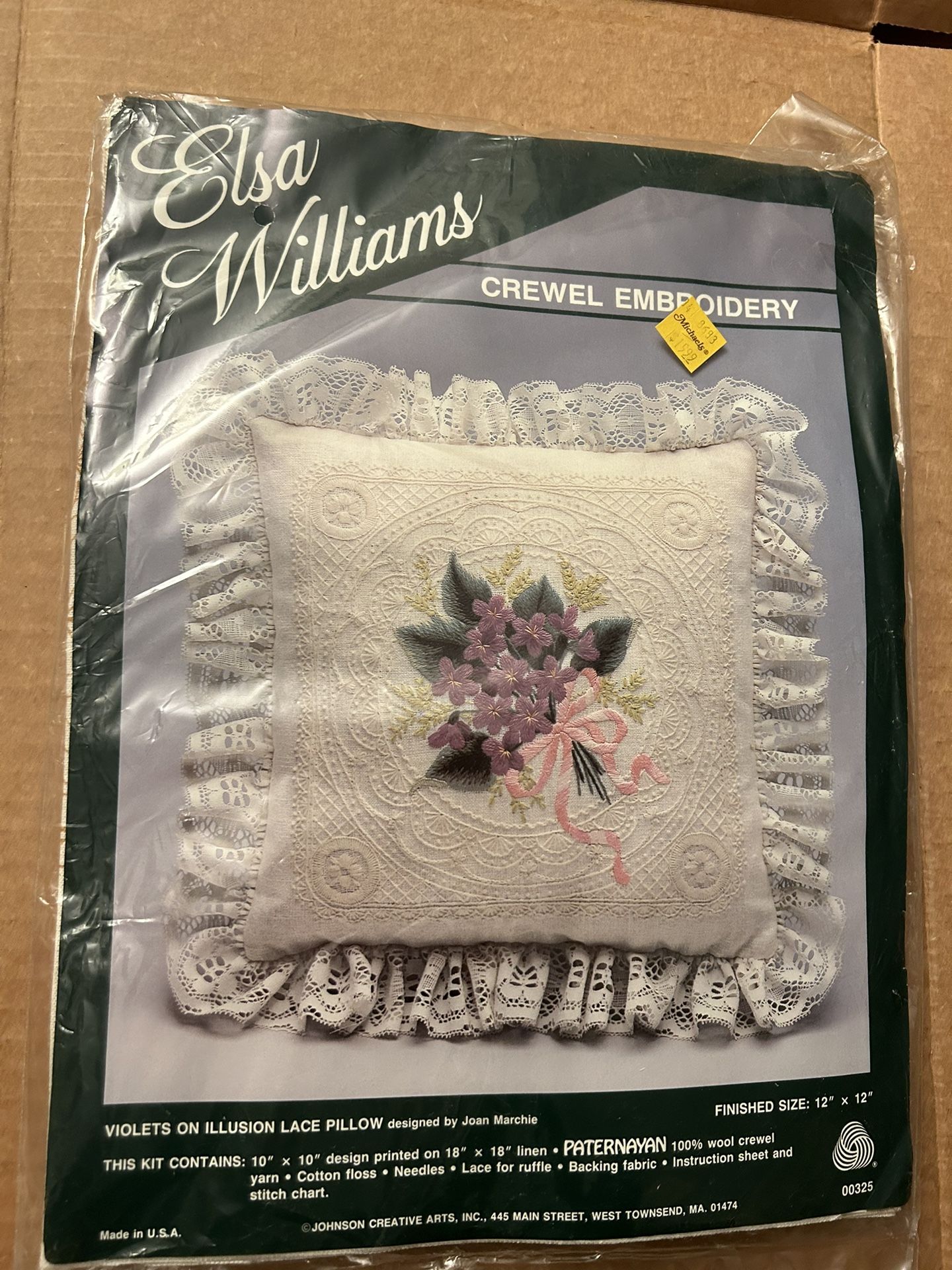 Elsa Williams Crewel Embroidery Kit Violets On Illusion Lace Pillow Joan Marchie