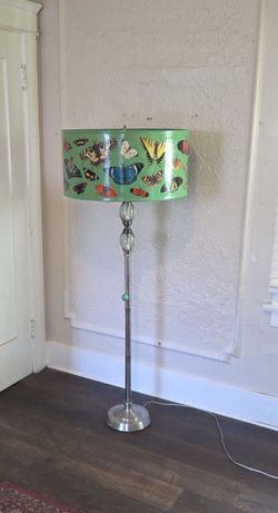 Nice, Laminated Butterfly Shade, Glass Paperweight & Metal Floor Lamp. Very Good Condition, Works Well, Priced Fairly.