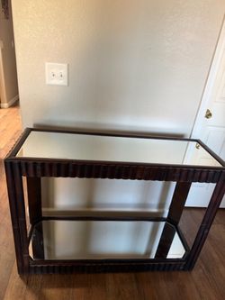 Dark Faux Bamboo Console Table with Glass Shelves