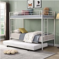 White Kids Metal Bunk Bed With Trundle