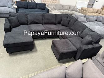 Modern Black Chenille Fabric Reversible Chaise U Shaped Sectional Couch with Ottoman Sofa Set Contemporary Living Room Apartment Space Saving Large