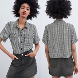 Zara Gingham Collared Button Up Boxy Cropped Top with Pockets, size XS