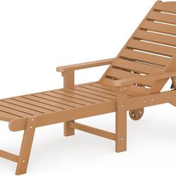 K-Lounge Chair Outdoor, HDPS Chaise Lounge Outdoor with Wheels, 5 Positions Adjustable Pool Lounger Chairs for Outside, Patio, Teak Color